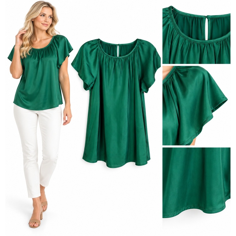Free Assembly Blouse L Emerald Green Satin Flutter Sleeve Jewel Tone Minimalist